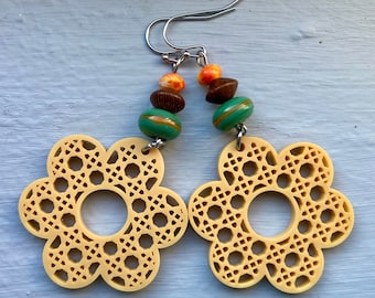 Funky Acrylic Daisy Earrings with Lampwork Glass and Roble Wood Beads, 60s 70s Style