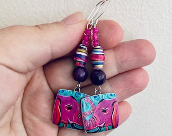 Pink Elephant Earrings with Purple Quartzite, Paper Beads, and Pink Seed Beads