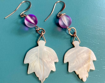 Vintage Mother of Pearl Leaf Earrings with Bright Copper Jewelry Wire and Two-Toned Purple Glass Beads