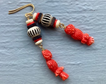 Rustic Hand Carved Owl Earrings with Bone and Coconut Wood Beads, Unique Jewelry Gift