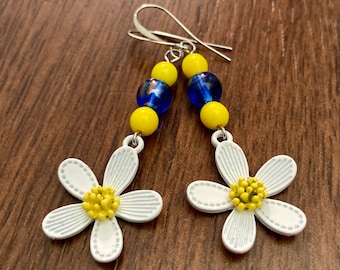 White and Yellow Daisy Flower Earrings with Yellow and Blue Glass Beads, Unique Handmade Jewelry