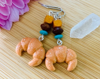 Croissant Charm Earrings with Czech Glass and Wood Beads, Unique Handmade Jewelry, Brunch Outfit