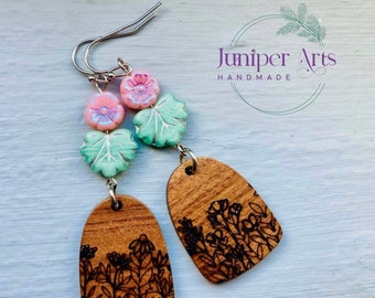 Laser Engraved Wood Floral Earrings Topped with Pastel Color Czech Glass Beads