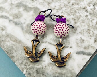Brass Swallow Charm Earrings with Purple Polka Dot Beads, Classic Amund Dietzel Swallow Tattoo