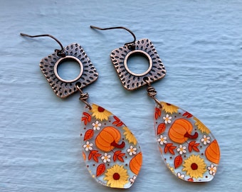 Autumn Leaves and Pumpkin Acrylic Charm Earrings with Unique Copper Details