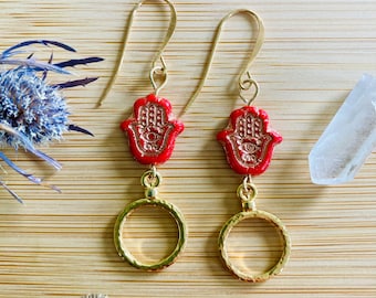 Gold Hoop and Red Czech Glass Hamsa Earrings