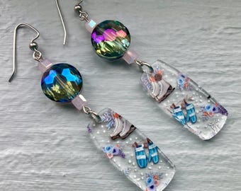 Ice Skating Acrylic Charm Earrings with Pastel Color Glass Beads