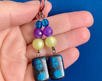 Mona Lisa Dangle Earrings with Lucite and Glass Beads, Stainless Steel Latch Backs