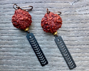Funky Seed Pod Earrings with Black Coated Stainless Steel Leaf Charms and Brass Lever Backs