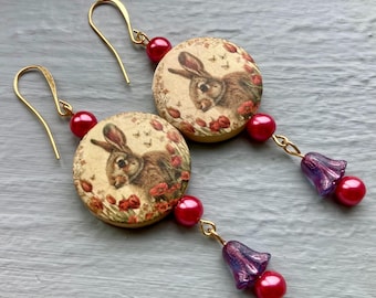Decoupage Wooden Bunny Rabbit Earrings with Purple Czech Glass Tulips and Pink Glass Beads