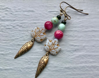 Autumn Maple Leaf Earrings with Brass Daggers, Glass Beads, and Beads Made of Shell