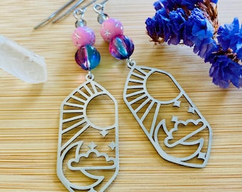 Sun, Moon, and Stars Stainless Steel Celestial Earrings