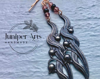 Vintage Brass Lily of the Valley Earrings with Glass Beads and New Copper Hooks, May Birthday