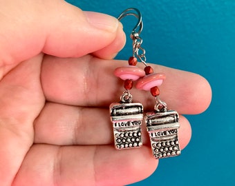 Silver Typewriter Charm Earrings with Lampwork Glass and Czech Glass Beads, I Love You Gift