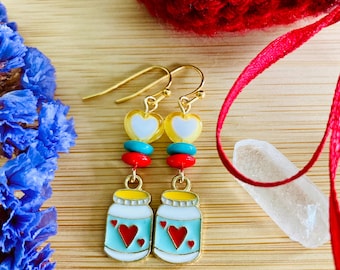 Jar of Hearts Charm Earrings with Glass and Plastic Beads