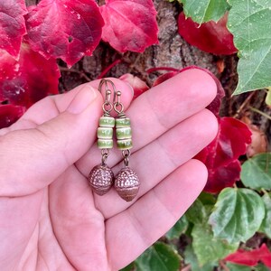 Acorn Earrings // Autumn Earrings // Brass Earrings // Czech Glass Beads // Porcelain Beads // Brown and Green // Unique Nature Themed Gift image 4