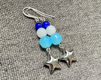 Silver Star Dangle Earrings Topped with Blue and White Glass Beads, Celestial Jewelry