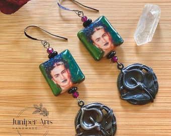 Decoupage Frida Kahlo Earrings, Vintage Calla Lily Charms, Glass Beads, Frida and Diego