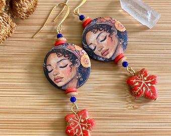 Brown Skinned Beauty Decoupage Wooden Beads with Red Orange Czech Glass Leaves, Artisan Earrings