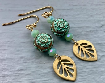 Brass Leaf Earrings with Vintage German Resin Beads, Unique Handmade Jewelry Gift