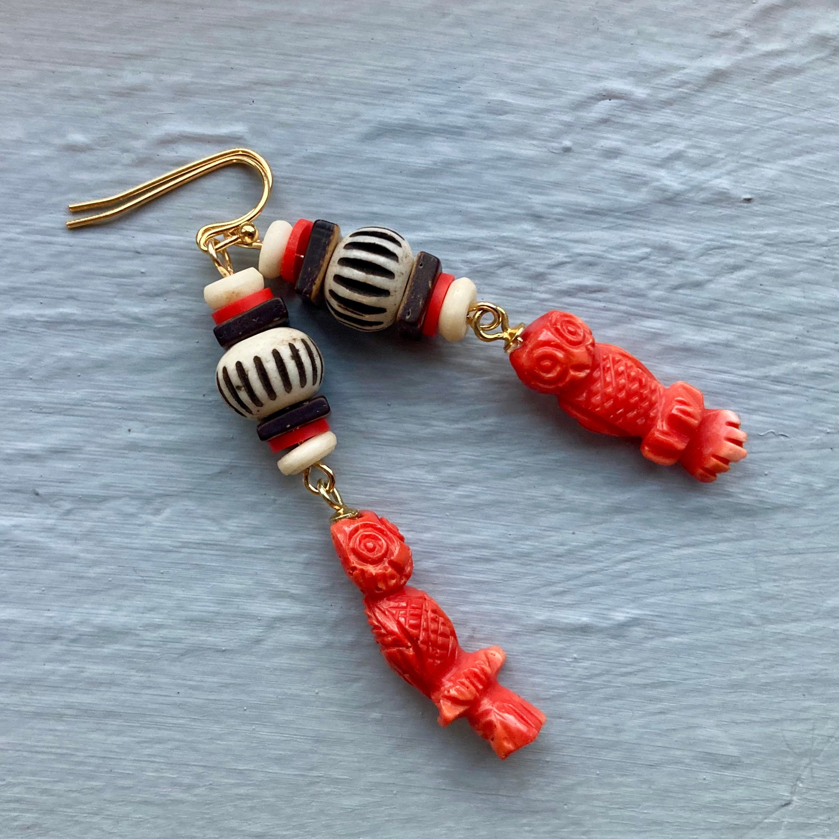 Rustic Hand Carved Owl Earrings with Bone and Coconut Wood Beads, Unique Jewelry Gift