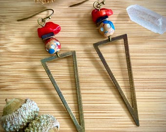 Of the Earth Earrings with Brass Triangle Charms, Clay Beads, Coconut Wood Spacers, and Dyed Coral