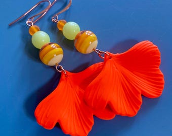 Neon Orange Ginkgo Leaf Charm Statement Earrings with Resin and Glass Beads