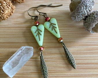 Brass Earrings with Green Czech Glass Leaf Hearts and Dangling Brass Leaf Charms