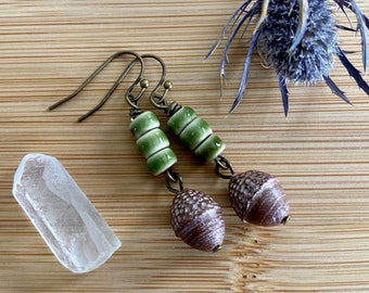 Acorn Earrings // Autumn Earrings // Brass Earrings // Czech Glass Beads // Porcelain Beads // Brown and Green // Unique Nature Themed Gift