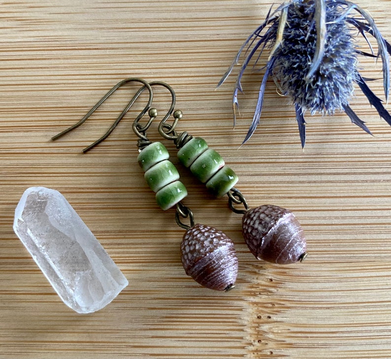 Acorn Earrings // Autumn Earrings // Brass Earrings // Czech Glass Beads // Porcelain Beads // Brown and Green // Unique Nature Themed Gift image 1