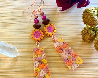 Flower and Pumpkin Acrylic Charm Earrings with Czech Glass Beads and Roble Wood, Copper Jewelry
