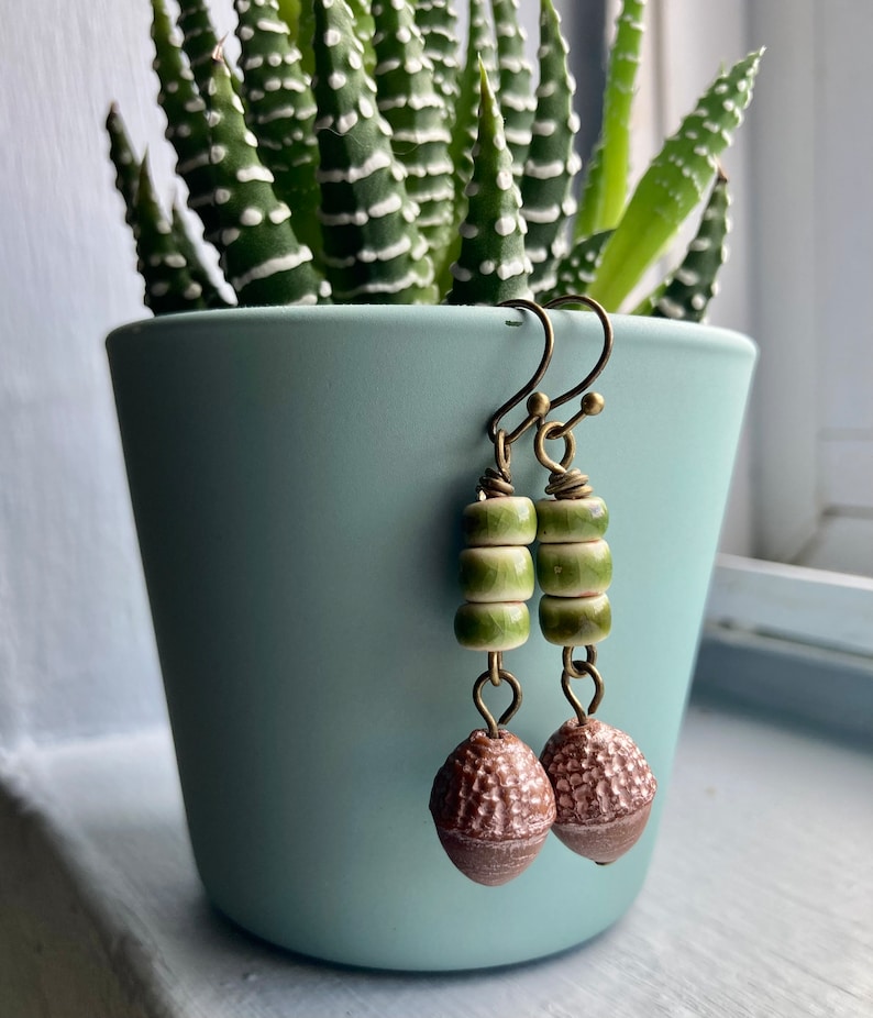 Acorn Earrings // Autumn Earrings // Brass Earrings // Czech Glass Beads // Porcelain Beads // Brown and Green // Unique Nature Themed Gift image 2