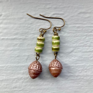 Acorn Earrings // Autumn Earrings // Brass Earrings // Czech Glass Beads // Porcelain Beads // Brown and Green // Unique Nature Themed Gift image 3