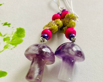 Feelin’ Groovy Earrings // Magic Mushroom Earrings // Chevron Amethyst Mushroom Charms // Funky and Far Out Earrings // One of a Kind Gift