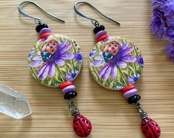 Decoupage Wooden Lavender Ladybug Earrings with Red Czech Glass Ladybug Beads