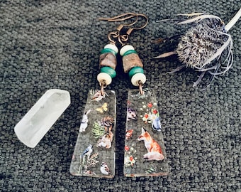 Cottagecore Forest Creature Acrylic Charm Earrings with Red Creek Jasper, Bone Beads, Wood Beads