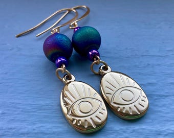 Golden Eye Earrings with Purple Seed Beads and Iridescent Druzy Beads, Unique Handmade Jewelry