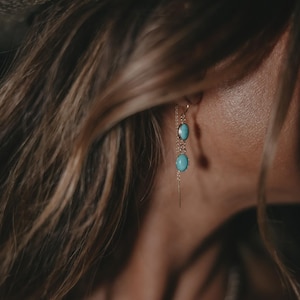 May include: Gold-toned earrings with two oval, light blue turquoise stones suspended from a delicate chain. The earrings are dangling, with a vertical bar at the bottom. The image shows the earrings on a person's ear, with long, light brown hair.