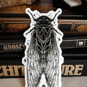 May include: A black and white sticker featuring a detailed illustration of a cicada. The insect has intricate wing patterns and is surrounded by small star-shaped accents. The sticker is on a stack of dark books.