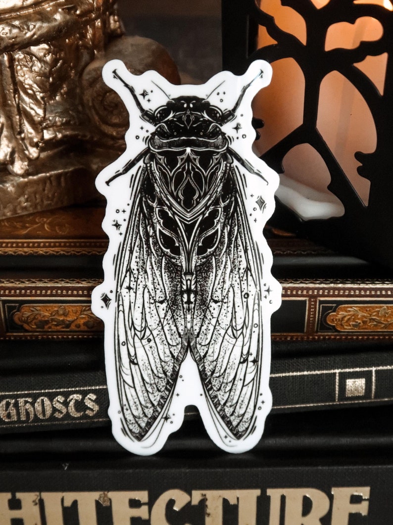 May include: A black and white sticker featuring a detailed illustration of a cicada. The insect has intricate wing and body patterns, with star-like accents around the edges. The sticker is on a stack of books.