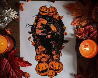 Der Pferdevertraute Druck | Die Legende von Sleepy Hohl | gotische Kunst | Halloween | Gruselige Kunst | Kürbisse | dunkle Kunst | Grauen | herbstlicher Druck