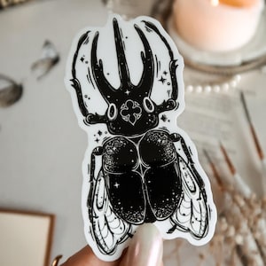 May include: Black and white sticker of a beetle with intricate details and a star-like pattern on its back. The beetle has large wings and a detailed head.