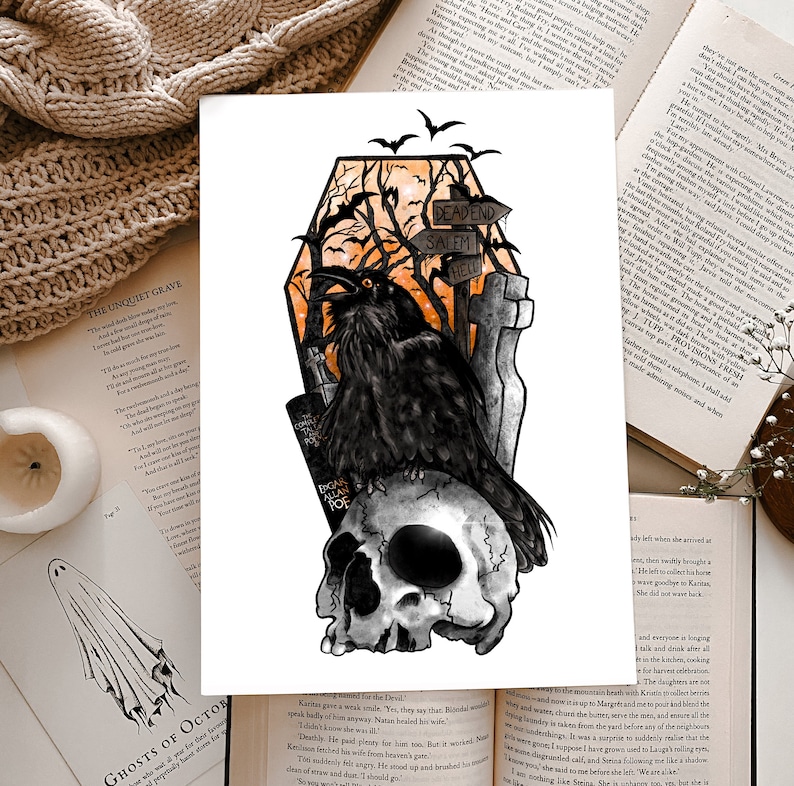The Raven Print | gothic art | edgar allen poe | dark art | raven | crow | skull | salem | witch | familiar \ A4 Bild 1