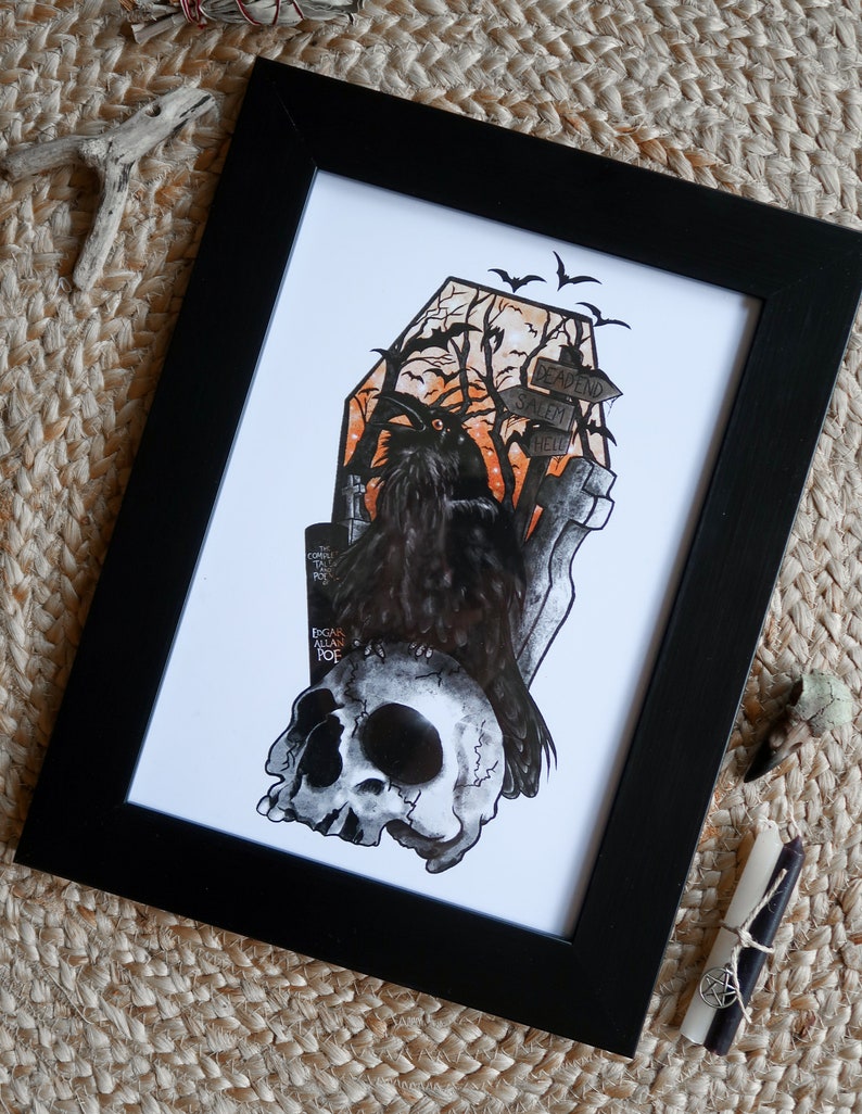 The Raven Print | gothic art | edgar allen poe | dark art | raven | crow | skull | salem | witch | familiar \ A4 Bild 3