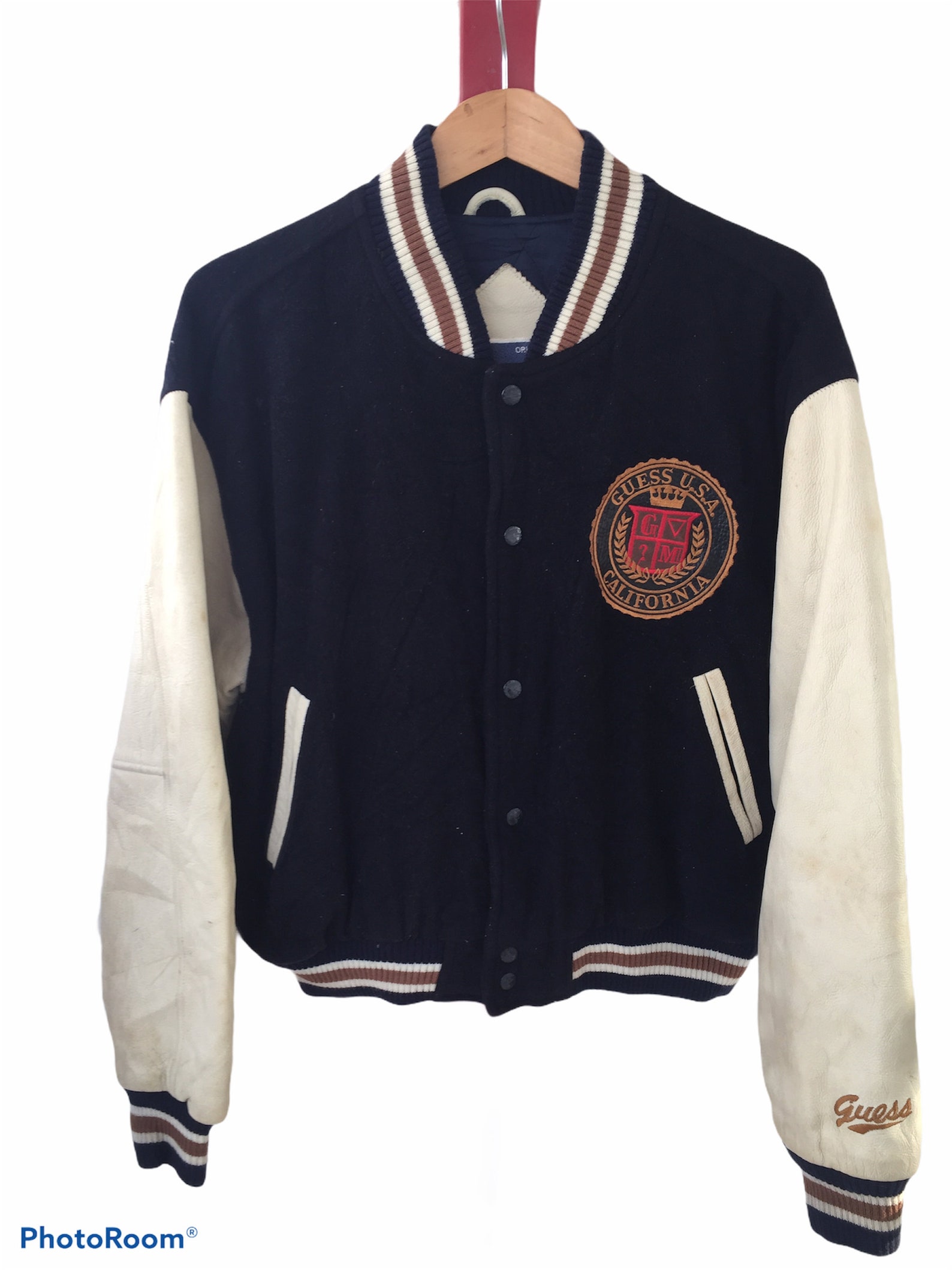 Vintage Guess Varsity Leather Jacket Red Indian Spellout Logo | Etsy