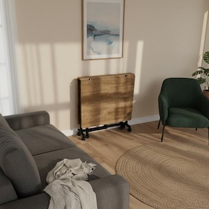 Solid Oak Folding Table on Wheels: Space Saving Drop Leaf Table