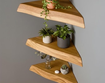 Estante de esquina flotante de roble hecho a mano para pared, estante de madera maciza para plantas.