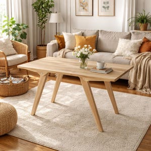 May include: A light-coloured wooden coffee table with angled legs. The table is rectangular and sits on a light-coloured rug. A vase of white flowers, a mug, and a book are on the table. The background includes a sofa with cushions and a wicker chair.