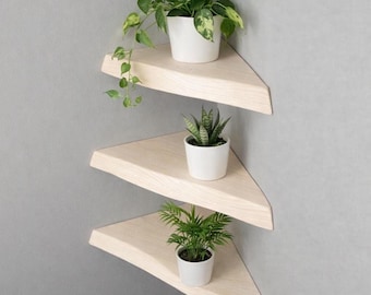 Corner Floating Shelf Live Edge Handmade Wooden Wall Plant Shelves