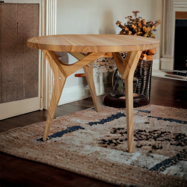 Transformeerbare ronde houten salontafel 2 in 1 met variabele hoogte | Natuurlijk essen, eiken, walnoot | Handgemaakt | Diameter 50-100 cm